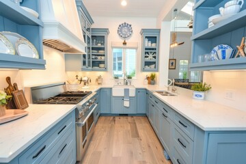 Fototapeta premium Blue Kitchen With White Countertops and Farmhouse Sink in a Modern Home