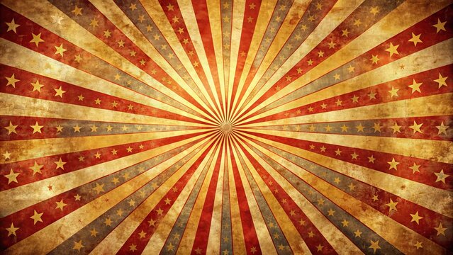 Vintage distressed circus backdrop featuring radiant sunburst with retro spiral rays and grungy radial lines in warm summer tones.