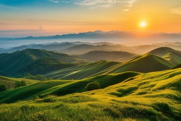 Sunrise Over Rolling Hills and Distant Mountains