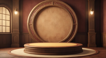 Obraz premium Circular podium evoking vintage nostalgia. Old-fashioned textures, warm colors, retro details. Cozy atmosphere with space for nostalgic text overlays. 
