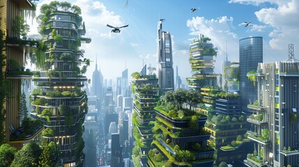 Obraz premium A futuristic city skyline with lush green vegetation growing on tall buildings, showcasing sustainable urban living. Flying vehicles soar overhead against a clear blue sky.