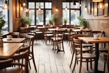 Fototapeta premium blurred Warm light fills a luxurious restaurant interior with empty wooden tables and plush chairs set for a romantic dinner