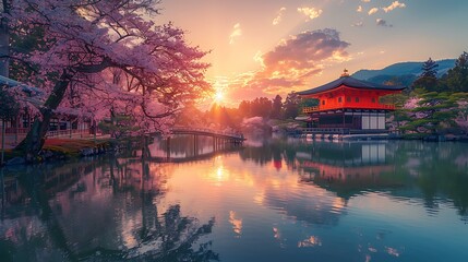 Fototapeta premium A breathtaking sunset over a calm mountain lake, with reflections of trees and rocky shorelines creating a peaceful and scenic view. sunset, lake, water, sky, nature, landscape, sunrise, sun, river, r