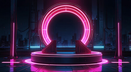 Obraz premium Circular podium in cyberpunk style. Neon lights, futuristic textures, industrial elements. Dark, moody atmosphere, perfect for cyberpunk-themed text overlays. 
