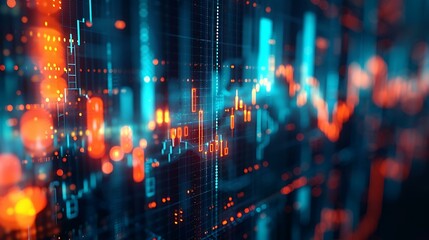 Obraz premium A vibrant and dynamic depiction of stock market data with glowing red and blue charts, conveying intensity and activity in financial markets.