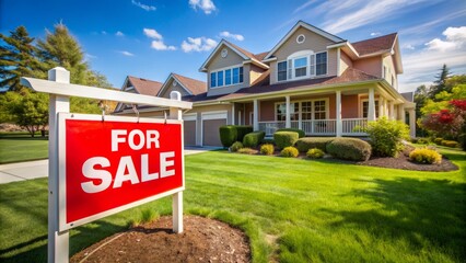 A bright red for sale sign stands proudly in front of a charming suburban house with a perfectly manicured lawn.