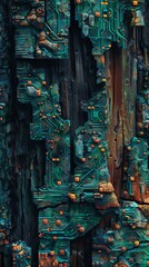 Fototapeta premium Abstract digital art with vibrant blue, green, and orange colors. Circuit board pattern with a futuristic feel.