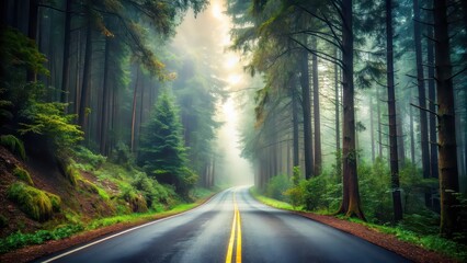 Obraz premium Road disappearing into misty forest , fog, pathway, mysterious, eerie, atmospheric, tranquil, foggy, dim, travel, journey, hazy