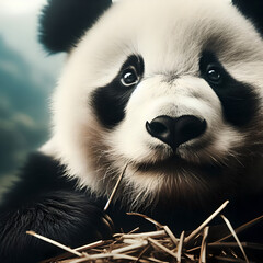 Fototapeta premium Close-Up Portrait of an Adorable Panda Cub Eating Bamboo in Natural Habitat