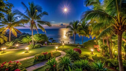 Fototapeta premium Serenely lit tropical garden overlooking the calm, moon-glistened sea, perfect for a peaceful and romantic getaway under starry night sky.