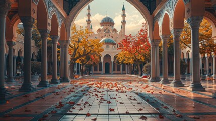 Obraz premium Quiet Courtyard: banner background of Mosque Day theme banner design for microstock, no text, and wide copy space, Quiet Courtyard: An empty courtyard of the mosque, for banner, 