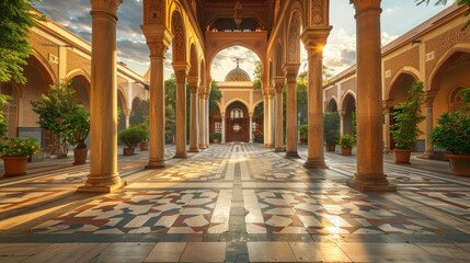 Quiet Courtyard: banner background of Mosque Day theme banner design for microstock, no text, and wide copy space, Quiet Courtyard: An empty courtyard of the mosque, for banner, 