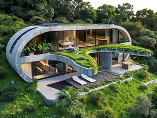 Modern, futuristic home nestled in lush greenery with a unique curved design and a green roof.