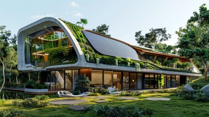 Obraz premium Modern, sustainable house with green roof and solar panels nestled in a lush forest.