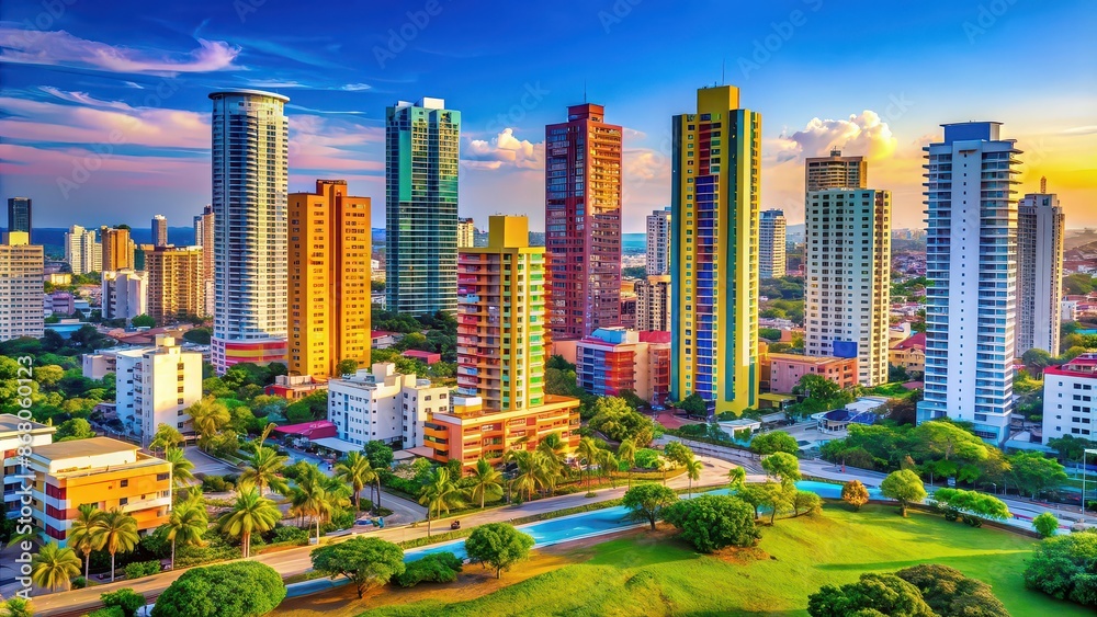 Poster Barranquilla skyline featuring vibrant colors and modern architecture, Barranquilla, Colombia, skyline, vibrant, colors