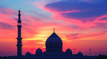 Fototapeta premium Silhouetted Dome: banner background of Mosque Day theme banner design for microstock, no text, and wide copy space, Silhouetted Dome: The dome of the mosque silhouetted against a twilight sky