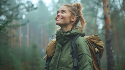 Fototapeta premium Cheerful young woman in a green jacket, backpacking through a misty pine forest, enjoying the fresh, crisp air. Ideal for stock images of nature and travel.