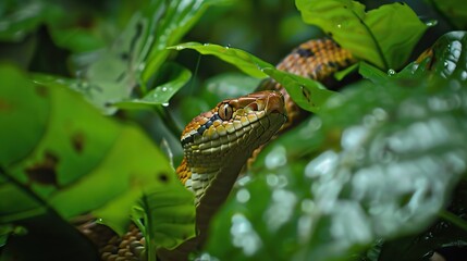 Close-up of a snake with vibrant green and yellow scales coiled on a branch