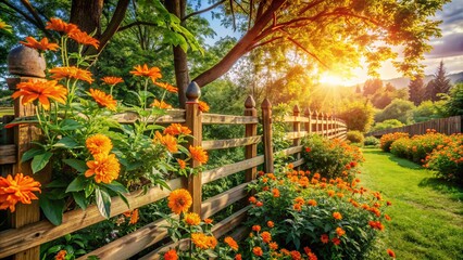 Fototapeta premium Vibrant orange blossoms and lush greenery thrive in a serene, sun-kissed summer garden surrounded by rustic wooden fencing and lattice.