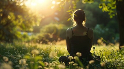 Woman Meditating in Nature Surrounded by Flowers, Serenity and Mindfulness, Calm and Peaceful Scene