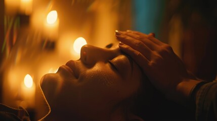 Serene head massage in dimly lit room, Tranquil hands-on therapy with candles and soft music for client relaxation