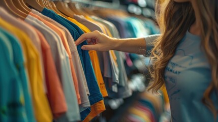 Fototapeta premium A woman selects an affordable and trendy cotton shirt from a t-shirt rack at a thrift store.