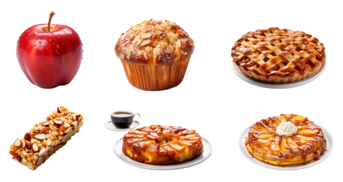 Set of apple and its dishes: muffin, pie, granola bar, pancake, tart. Food photography cut-outs. 