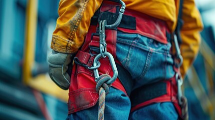 Obraz premium Close-up of a worker's fall arrestor device and safety harness hooks, emphasizing safety protocols at height. Ideal for stock photos showcasing workplace safety equipment.