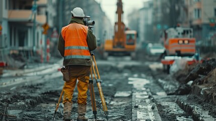 Collaboration of surveyor engineers utilizing a theodolite for accurate measurements during road construction. Illustrates teamwork and technical skills.
