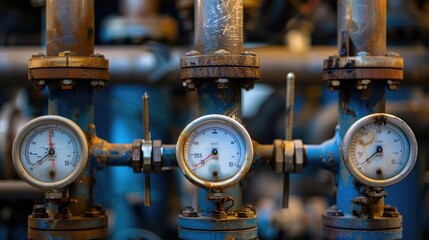 Close-up of industrial valves and gauges