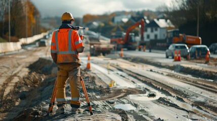 Construction site scene featuring a survey engineer using a theodolite for accurate measurements and marking on a road project. Illustrates precision and planning in construction work.