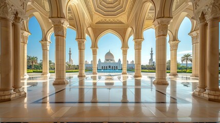 Symmetry: banner background of Mosque Day theme banner design for microstock, no text, and wide copy space, Symmetry: Symmetrical view of the mosque's front, 