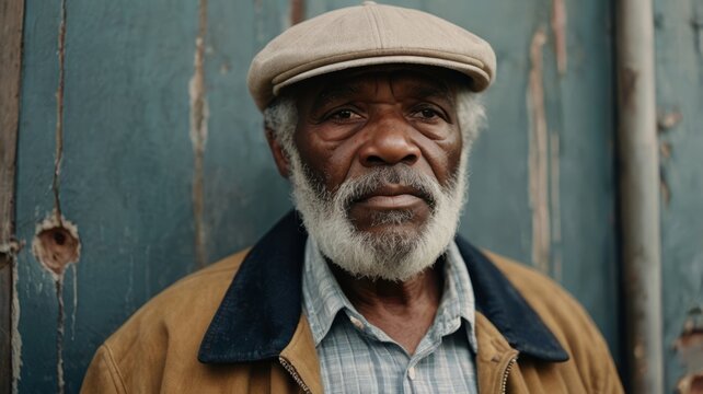 Retrato de um homem negro, idoso, barba branca, usando um bon&eacute;. Gerado com IA