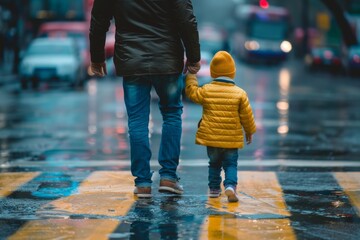 Father and Child Walking in the Rain