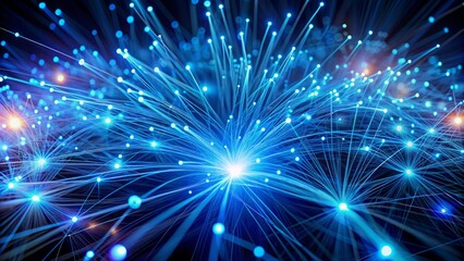 Fototapeta premium Vibrant, luminescent fibers weaving intricate network of data transmission, pulsing with electric blue light, modern digital communication background.