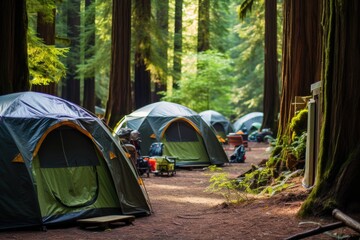 Eldritch Forest Campground: Tents surrounded by eldritch energy in a mysterious forest.