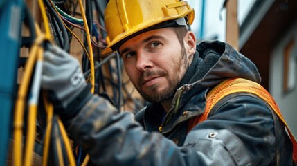 Construction site scene featuring an electrician managing cables, focused on house reconstruction and repairing home lighting.