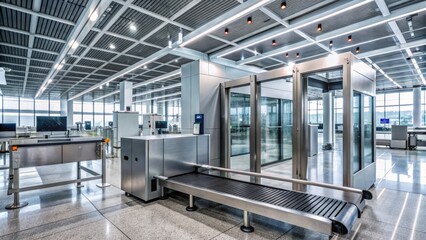 Obraz premium Airport security checkpoint featuring metal detector archway and X-ray scanner conveyor belt amidst sleek, modern terminal surroundings.