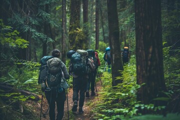 Group of Hikers Navigating a Lush Forest Trail