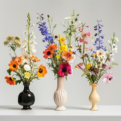 The image displays a colorful display of flowers in three distinct vases against a white background, each vase contains a different variety of flowers showcasing their unique colors and arrangements.