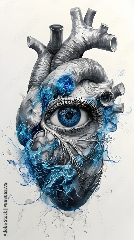 Sticker Anatomical Heart with Vibrant Blue Eye in Cinematic Style