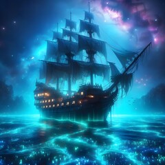 A Pirate Ship at Night.
