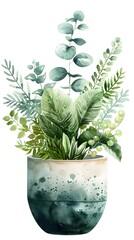 Lush Botanical Wonderland: Watercolor of a Home Garden with Vibrant Foliage and Potted Plants