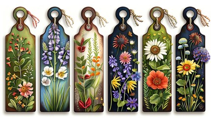 Beautifully decorated bookmarks with vibrant floral designs and intricate details, perfect for nature lovers and book enthusiasts.