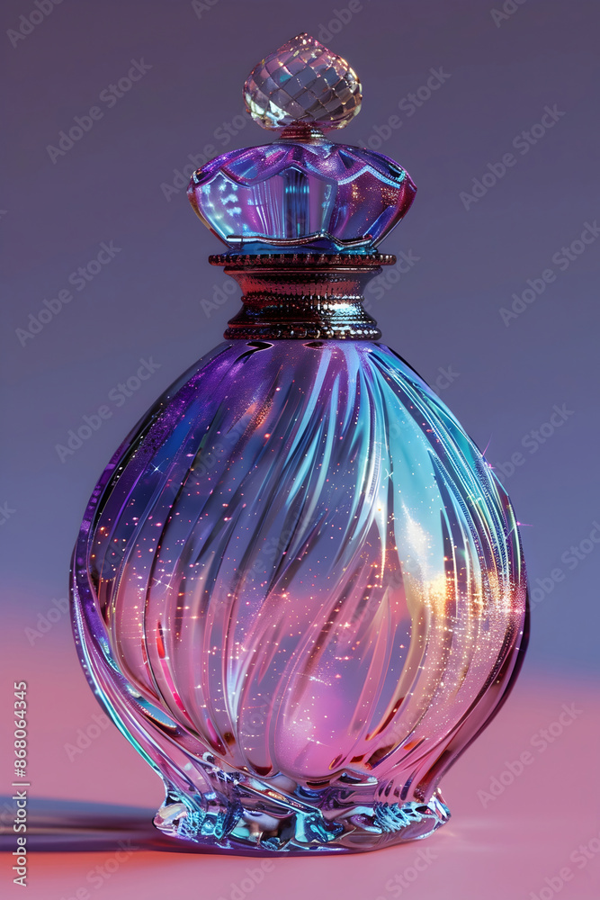 Wall mural Whimsical and Imaginative Perfume Bottle with Iridescent Ombr Glass and Holographic Details in Surrealist Style