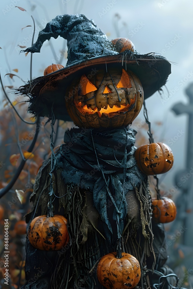 Wall mural Whimsical Elderly Scarecrow Adorned with Playful Pumpkins and Jack-O'-Lanterns in Shadowy Graveyard at Dusk