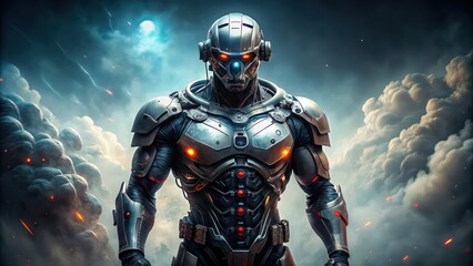 Fototapeta premium Apocalypse cyborg poised for action like a comic hero, cyborg, futuristic, robot, apocalypse, science fiction, superhero