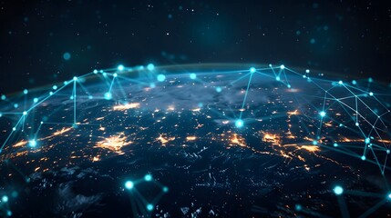 A digital illustration of Earth with glowing blue network connections connecting cities across continents, symbolizing global connectivity and technology's role in spreading information seamlessly