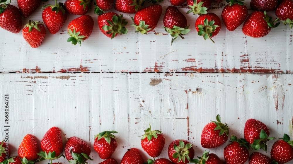 Poster strawberries on white background adorned with attractive wood colors with room for text