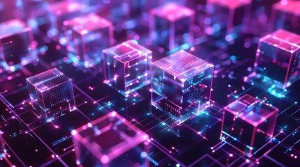 Fototapeta premium A digital illustration of glowing cubes representing blocks in the blockchain network, set against an abstract background with purple and blue hues. 